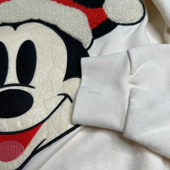 DISNEY Cream White Fuzzy Retro Mickey Mouse Santa Fleece Pullover Sweatshirt XS - Picture 3 of 7